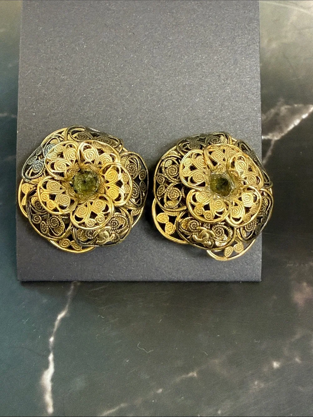 CHANEL Gold Filigree Floral Clip-On Earrings with Olive Center